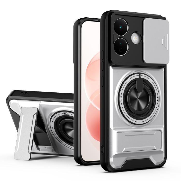 Gray shockproof phone case with circular magnetic ring grip and camera cutouts.