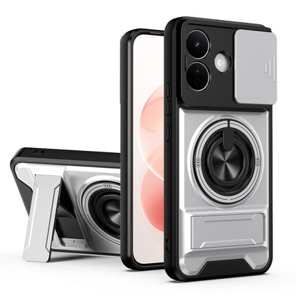 Gray shockproof phone case with circular magnetic ring grip and camera cutouts.