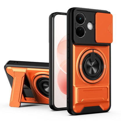Orange shockproof phone case with circular magnetic ring grip and camera cutouts.