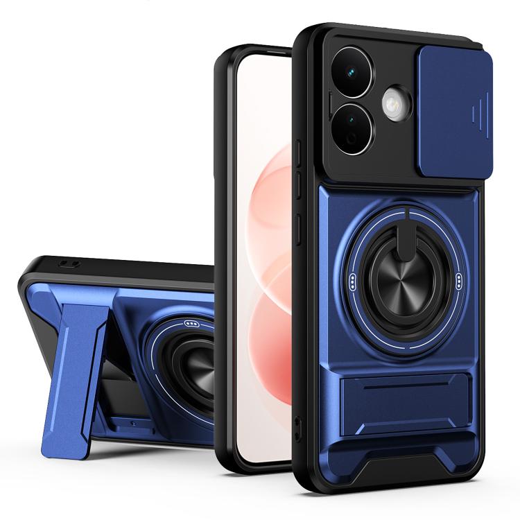 Royal blue magnetic phone case with sliding lens cover and ring stand holder
