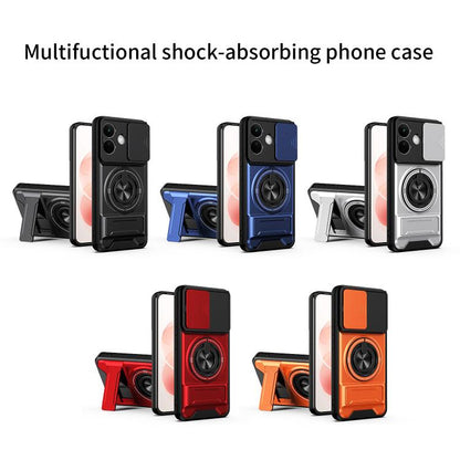Shockproof magnetic phone case with sliding lens cover, shown in multiple colors
