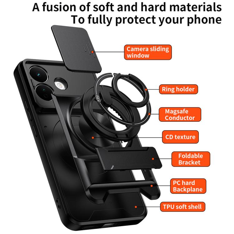 Black shockproof magnetic phone case with sliding camera window and ring holder