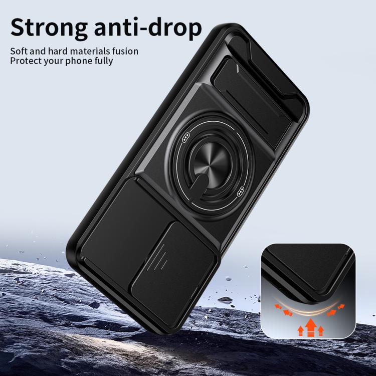 Black shockproof phone case with foldable bracket and circular ring stand holder