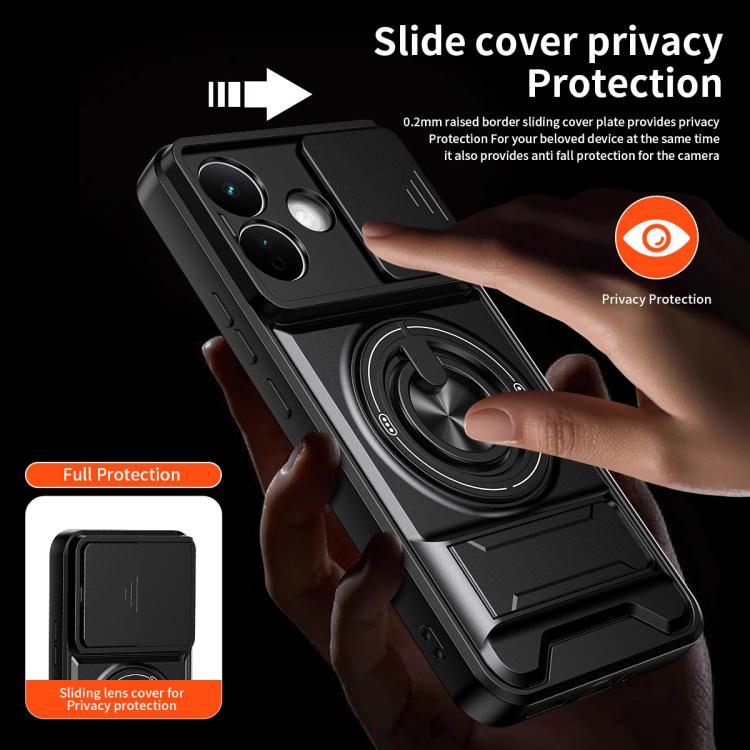 Black magnetic phone case with sliding lens cover privacy protection and ring holder