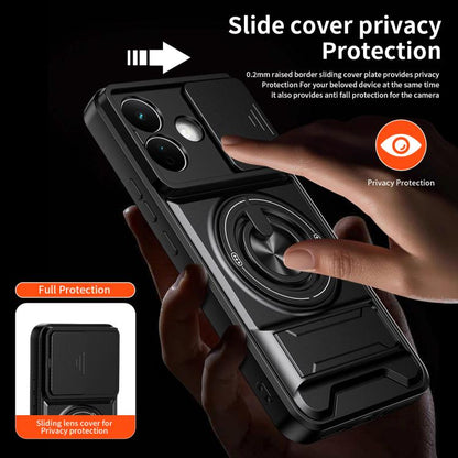 Black magnetic phone case with sliding lens cover privacy protection and ring holder