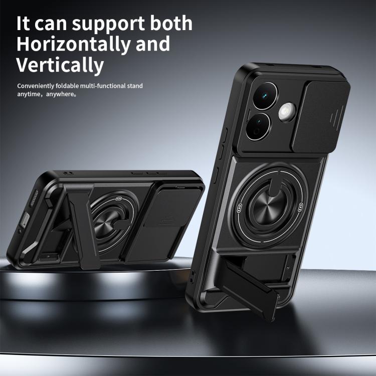 Black magnetic phone case with foldable stand for horizontal and vertical viewing