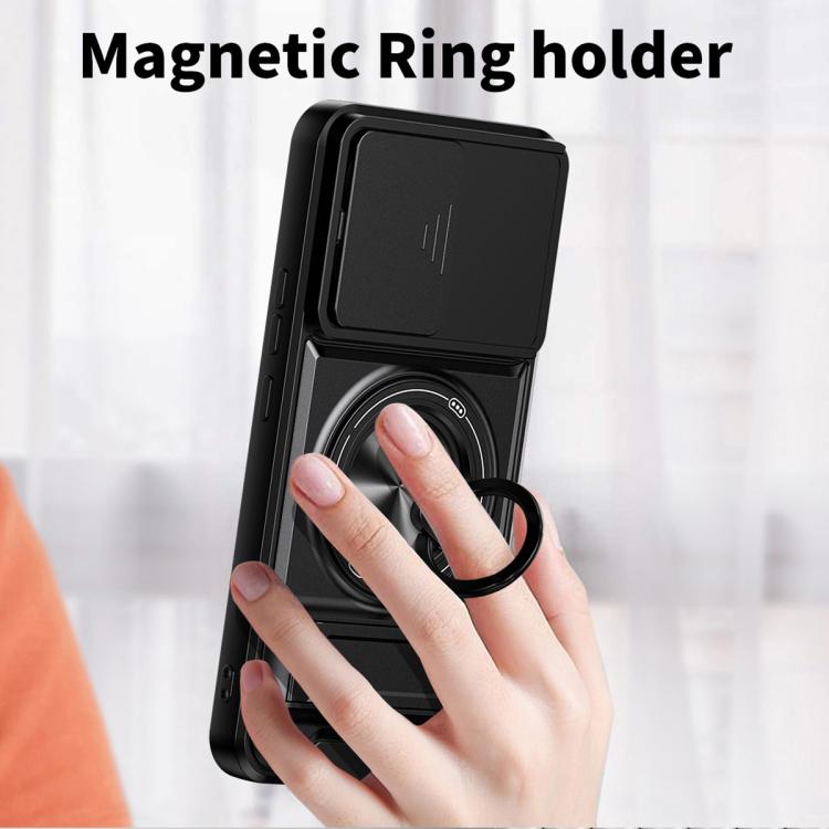 Black magnetic ring holder phone case with finger-accessible ring stand