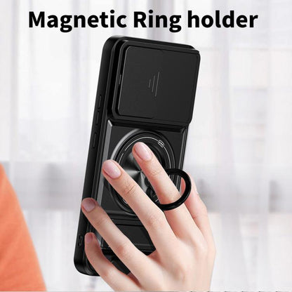 Black magnetic ring holder phone case with finger-accessible ring stand