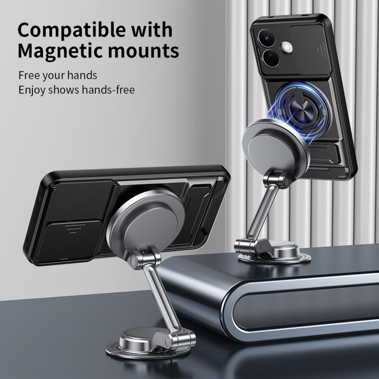 Black shockproof magnetic phone case compatible with magnetic mounts and ring stand