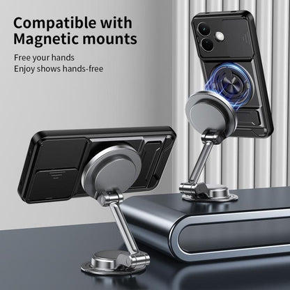 Black shockproof magnetic phone case compatible with magnetic mounts and ring stand