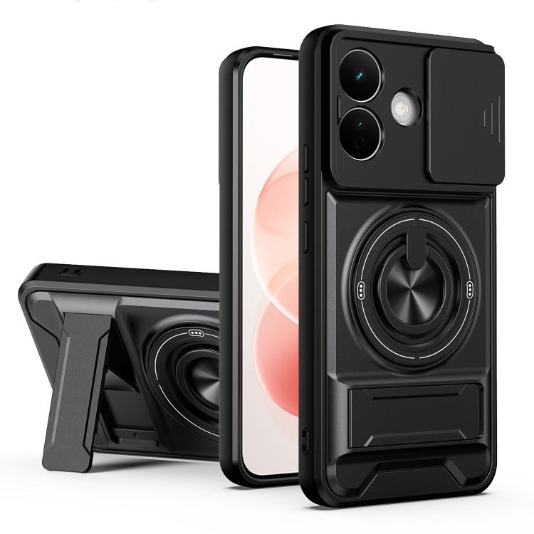 Magnetic shockproof phone case with lens window, black with circular ring grip detail