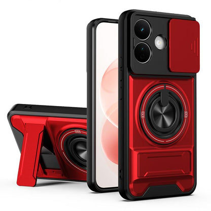 Magnetic shockproof phone case with lens window, red with circular ring grip detail