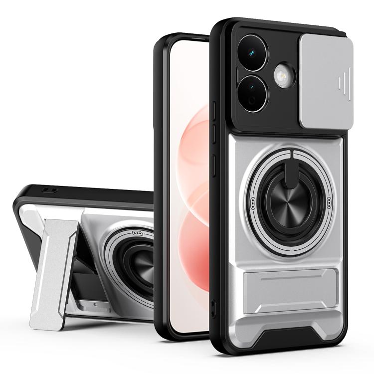 Magnetic shockproof phone case with lens window, gray with circular ring grip detail