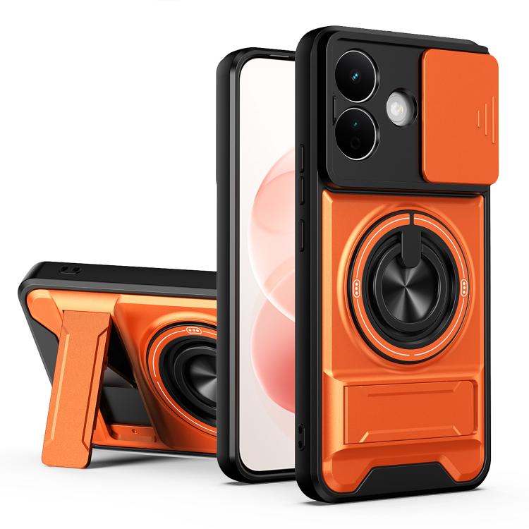 Magnetic shockproof phone case with lens window, orange with circular ring grip detail
