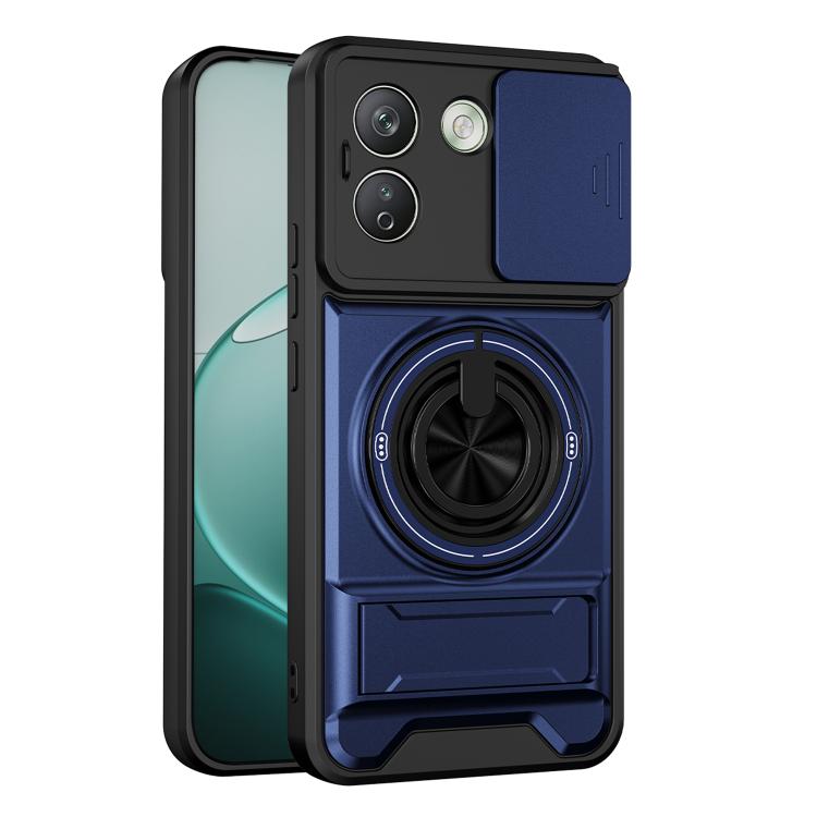 Magnetic shockproof phone case with lens window, royal blue with circular ring grip detail