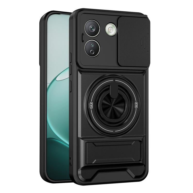 Black shockproof phone case with circular magnetic ring grip and camera cutouts.