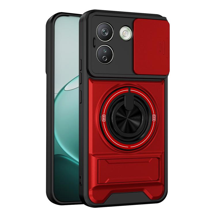 Red shockproof phone case with circular magnetic ring grip and camera cutouts.