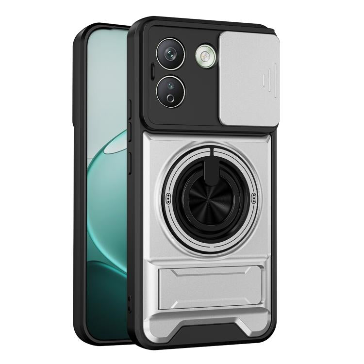 Gray shockproof phone case with circular magnetic ring grip and camera cutouts.