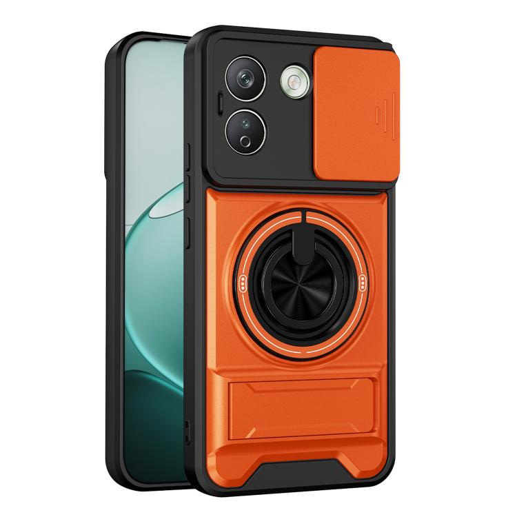 Orange shockproof phone case with circular magnetic ring grip and camera cutouts.
