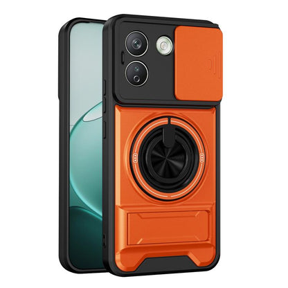 Orange shockproof phone case with circular magnetic ring grip and camera cutouts.