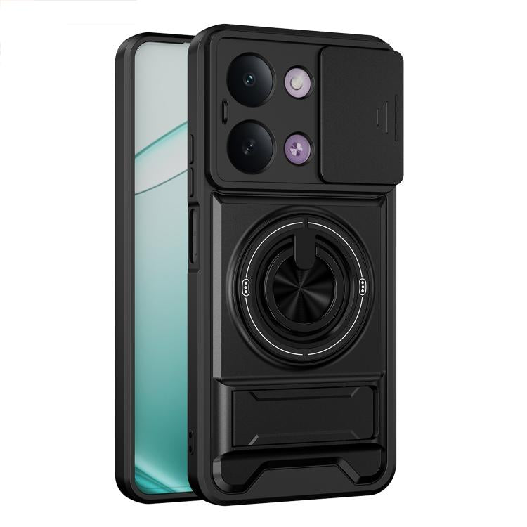 Magnetic shockproof phone case with lens window, black with circular ring grip detail
