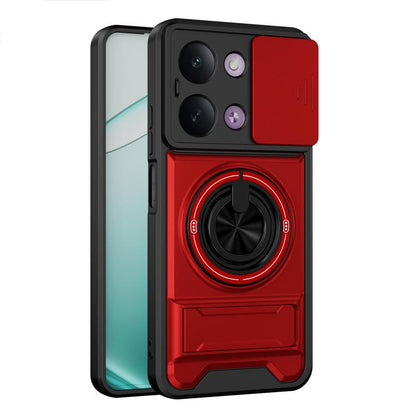 Magnetic shockproof phone case with lens window, red with circular ring grip detail