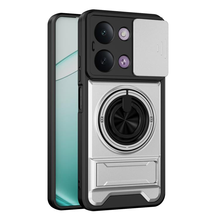 Magnetic shockproof phone case with lens window, light gray with circular ring grip detail