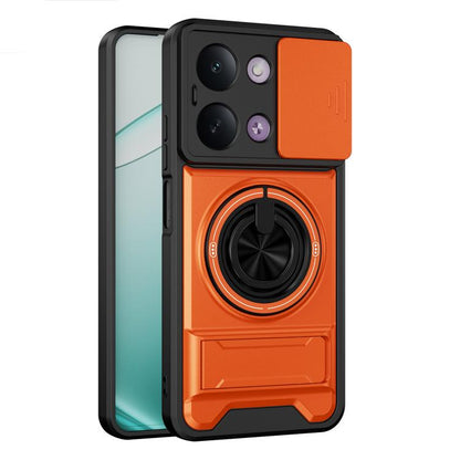 Magnetic shockproof phone case with lens window, orange with circular ring grip detail
