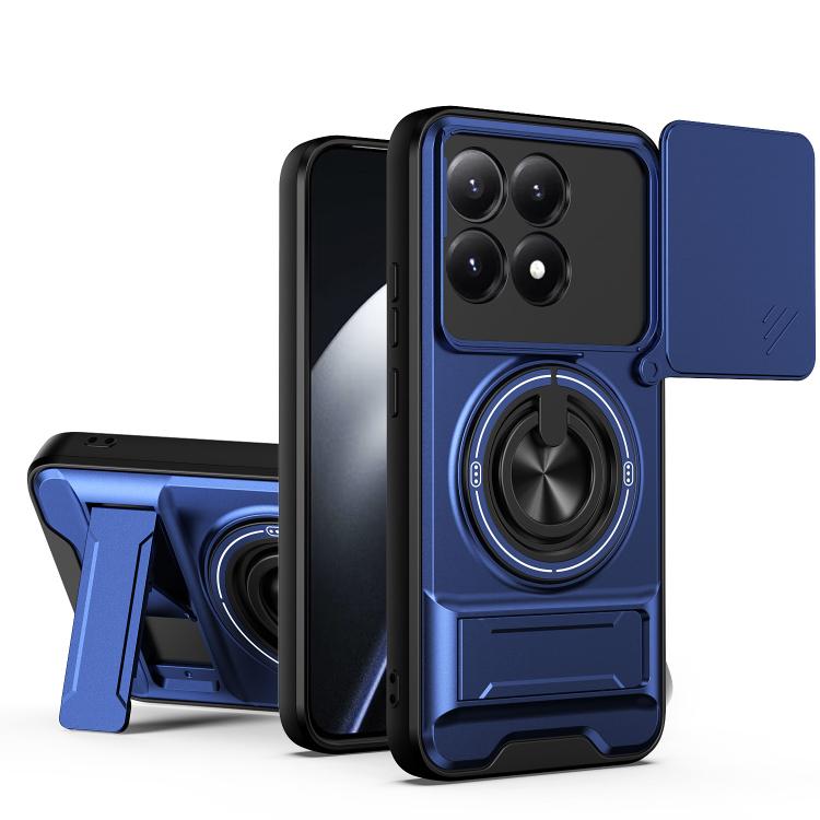 Royal blue shockproof magnetic phone case with sliding lens cover and ring stand