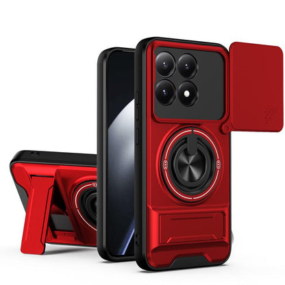 Red shockproof magnetic phone case with sliding lens cover and ring stand, close-up