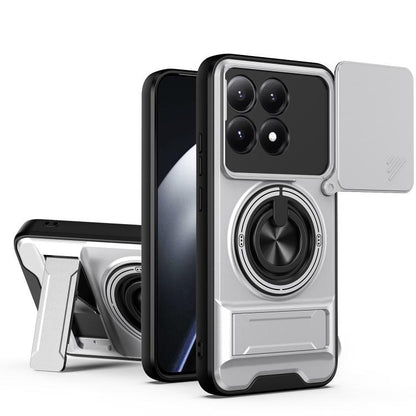 White shockproof magnetic phone case with sliding lens cover and ring stand, close-up