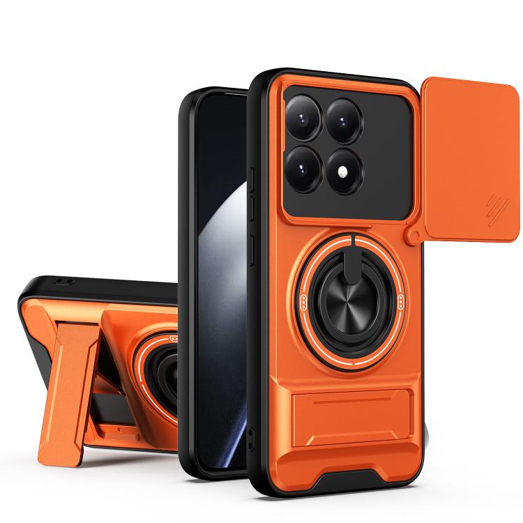 Orange shockproof magnetic phone case with sliding lens cover and ring stand, close-up