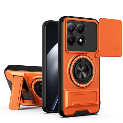 Orange shockproof magnetic phone case with sliding lens cover and ring stand, close-up