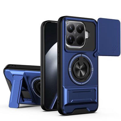 Blue shockproof phone case with sliding window, magnetic ring holder, and kickstand