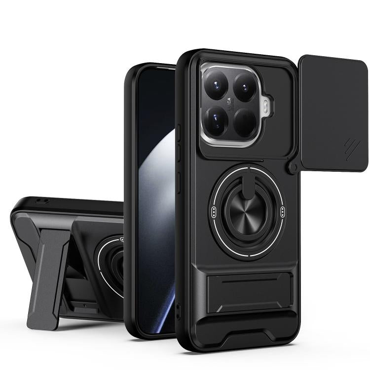 Black shockproof phone case with sliding window, magnetic ring holder, and kickstand