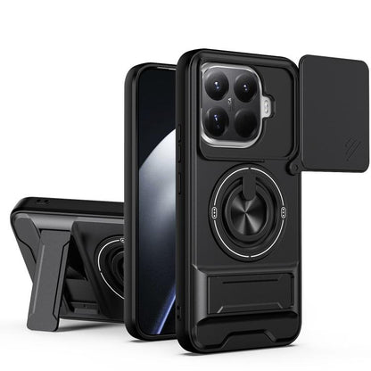 Black shockproof phone case with sliding window, magnetic ring holder, and kickstand