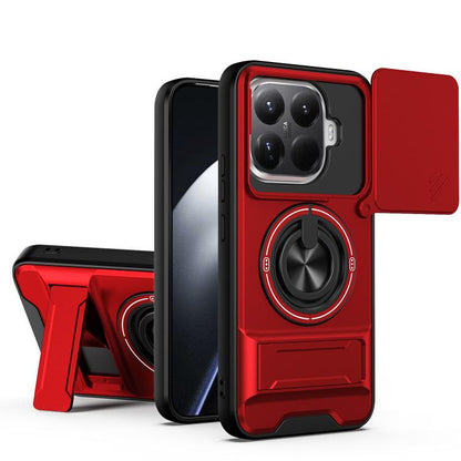 Red shockproof magnetic phone case with sliding lens cover and ring stand