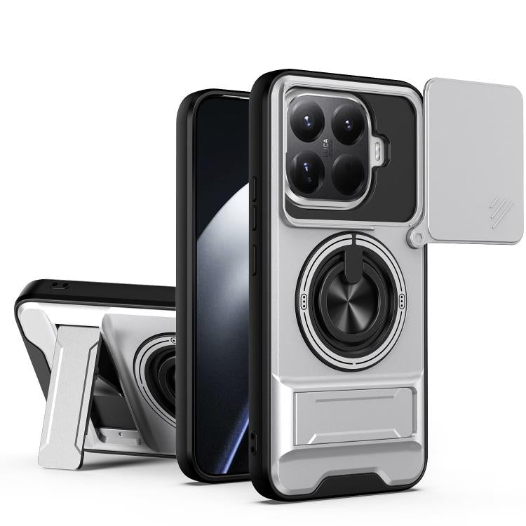 White shockproof magnetic phone case with sliding lens cover and ring stand