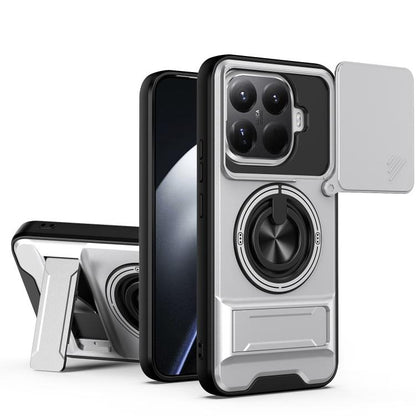 White shockproof magnetic phone case with sliding lens cover and ring stand