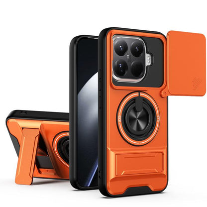Orange shockproof magnetic phone case with sliding lens cover and ring stand
