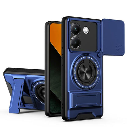 Royal blue shockproof magnetic phone case with sliding lens cover and ring stand