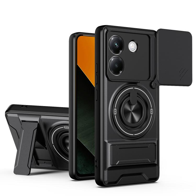 Black shockproof magnetic phone case with sliding lens cover and ring stand