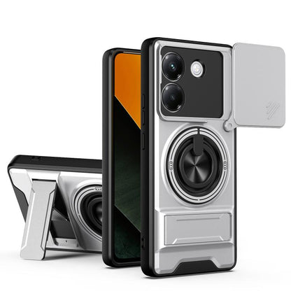 Gray magnetic shockproof phone case with sliding window, ring holder, and camera cutouts