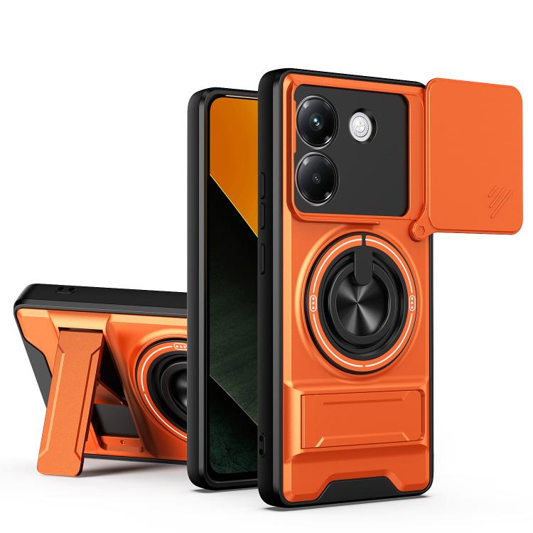 Orange magnetic shockproof phone case with sliding window, ring holder, and camera cutouts