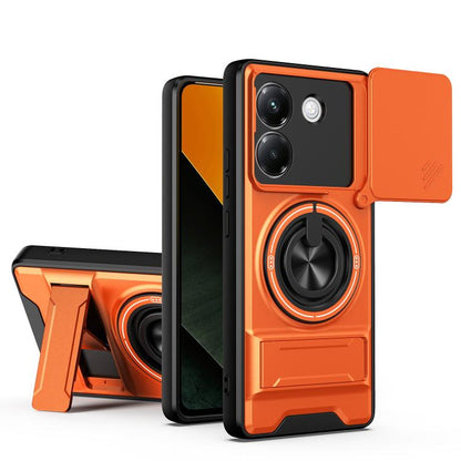 Orange magnetic shockproof phone case with sliding window, ring holder, and camera cutouts