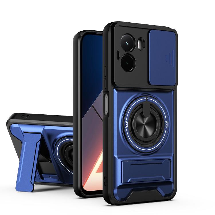 Royal blue shockproof phone case with sliding window, magnetic ring holder, and kickstand