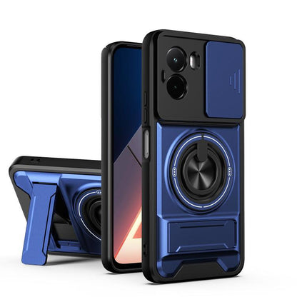 Royal blue shockproof phone case with sliding window, magnetic ring holder, and kickstand