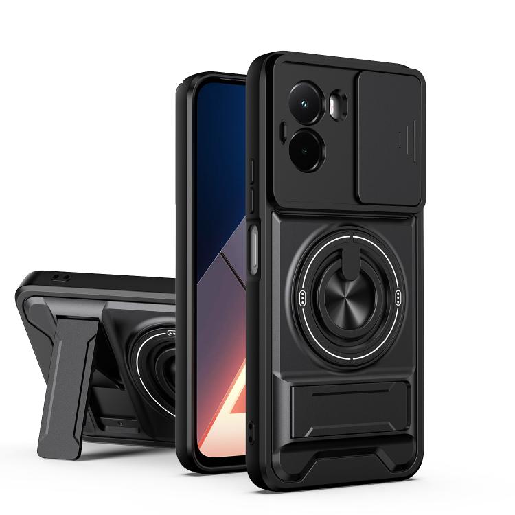 Black shockproof phone case with sliding window, magnetic ring holder, and kickstand