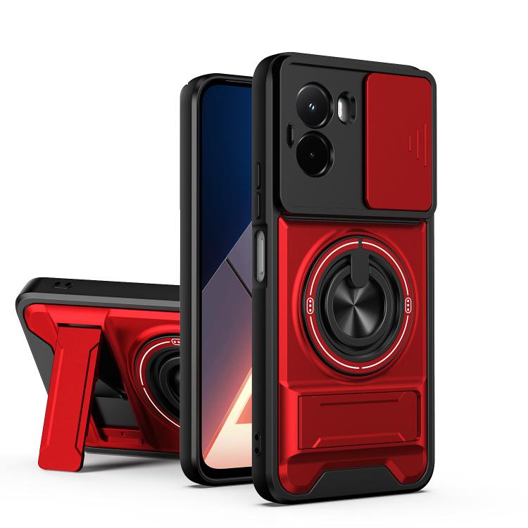 Red shockproof phone case with sliding window, magnetic ring holder, and kickstand