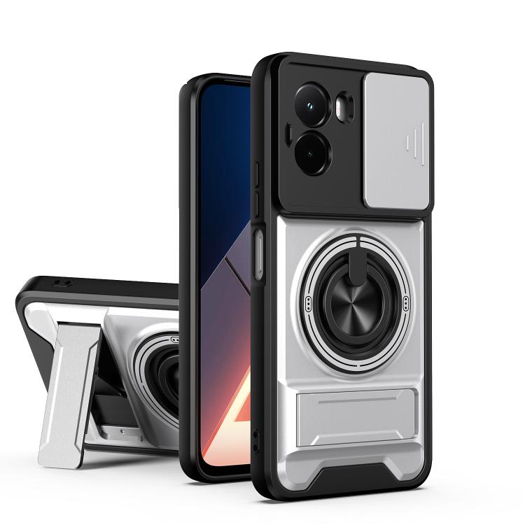 Silver/gray shockproof phone case with sliding window, magnetic ring holder, and kickstand